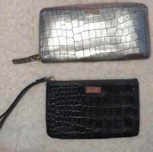 Kate Spade Silver Croc Embossed Wallet And Black Embossed Wristlet Bundle Lot